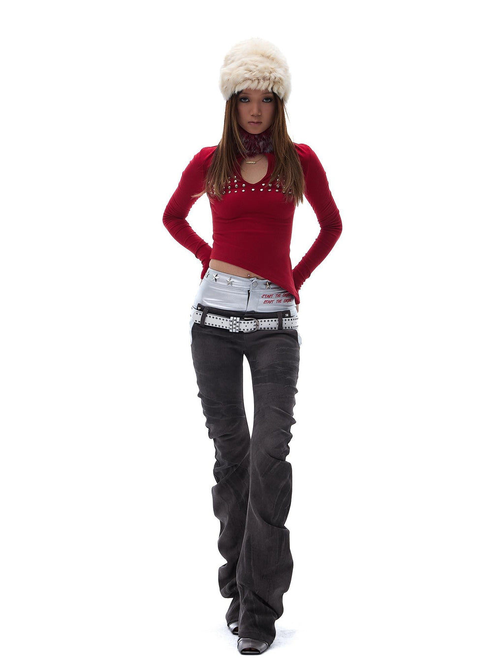 START THE ENGINE Denim Blue Double Waist Spliced Studded Cat Scratch Slim Women's Chinos