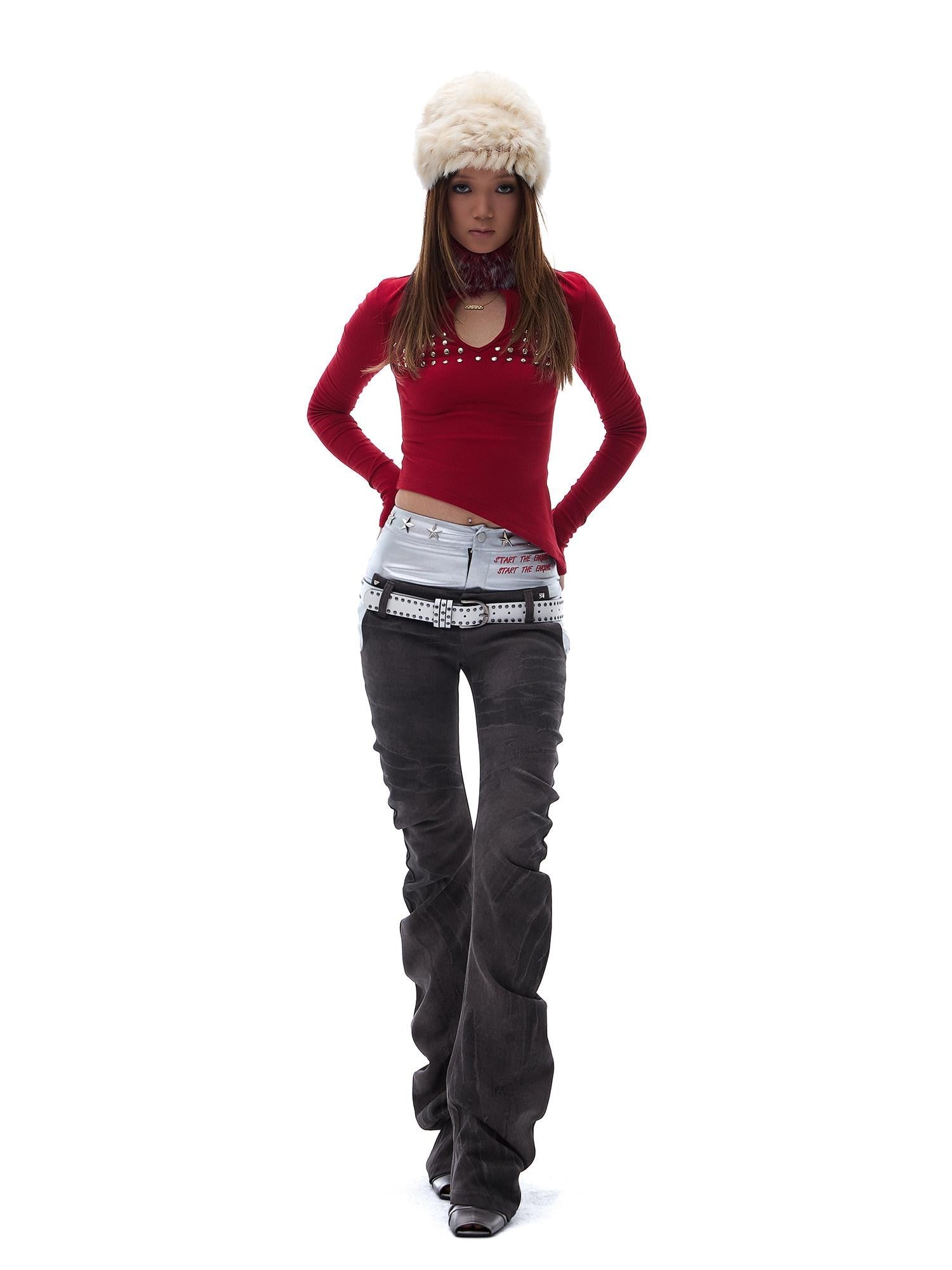 START THE ENGINE Denim Blue Double Waist Spliced Studded Cat Scratch Slim Women's Chinos
