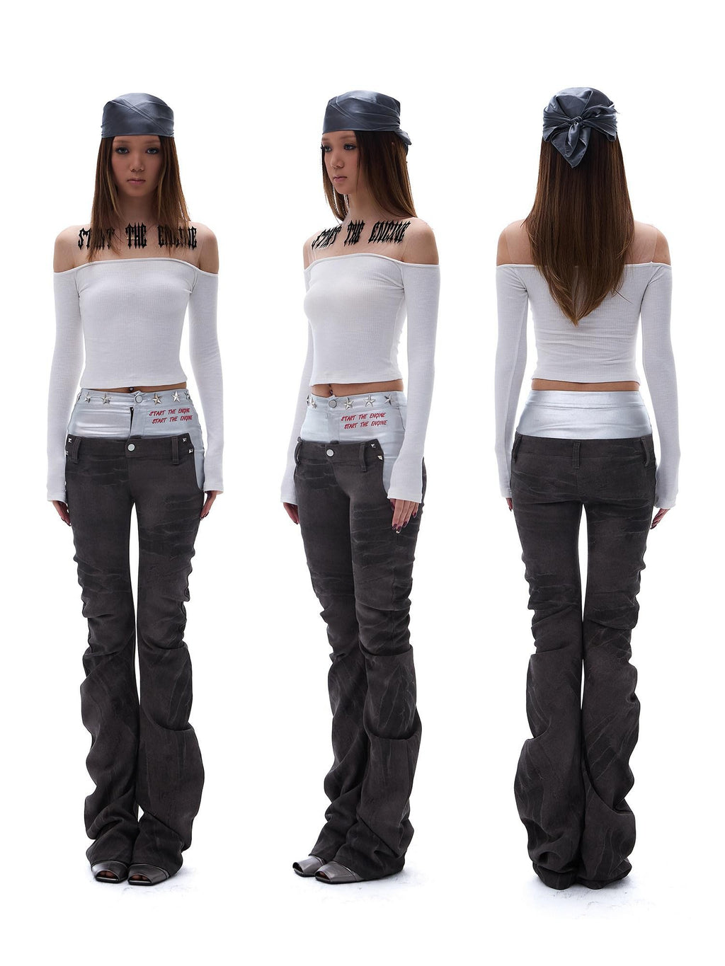 START THE ENGINE Denim Blue Double Waist Spliced Studded Cat Scratch Slim Women's Chinos