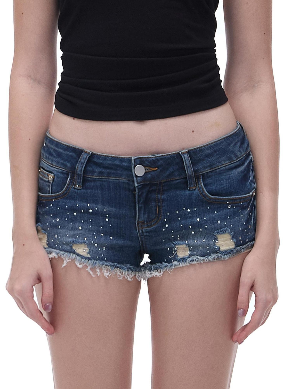 START THE ENGINE Distressed Frayed Raw Hem Low Rise Stretch Women's Cotton Denim Shorts