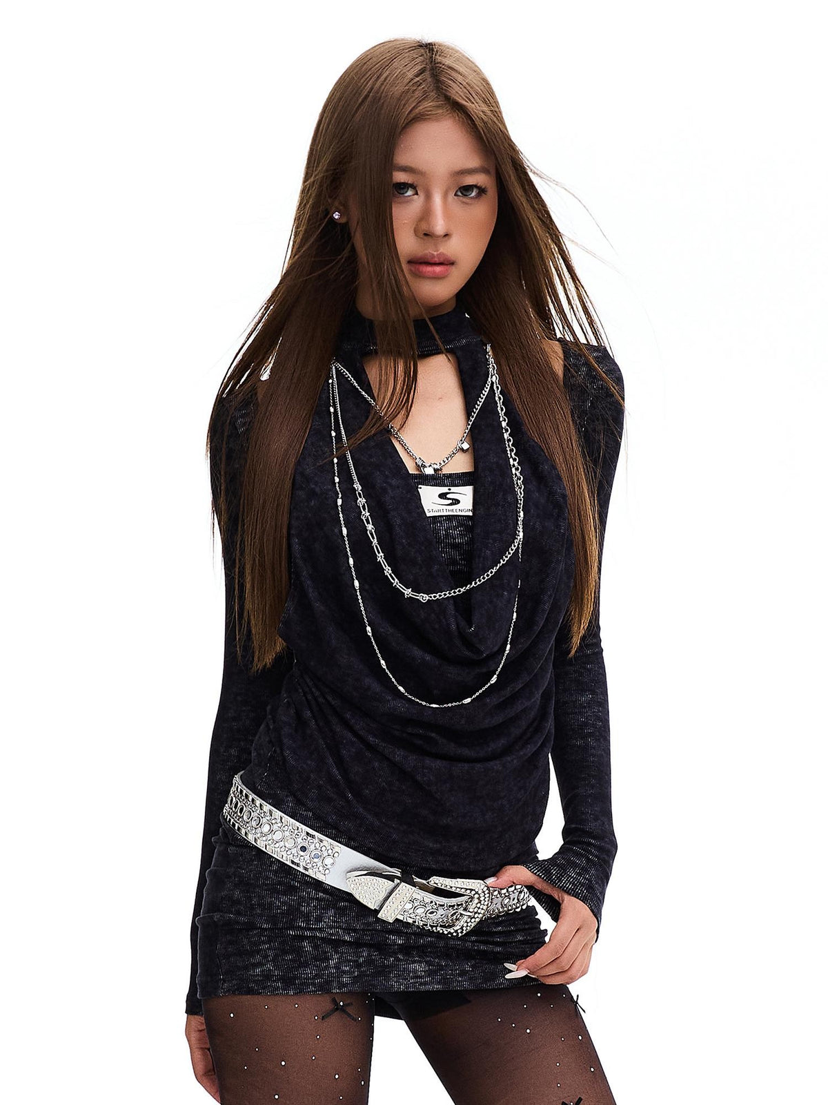 START THE ENGINE Distressed Halter Draped Neck Slim Fit Long Sleeve Women's Casual Mini Dresses