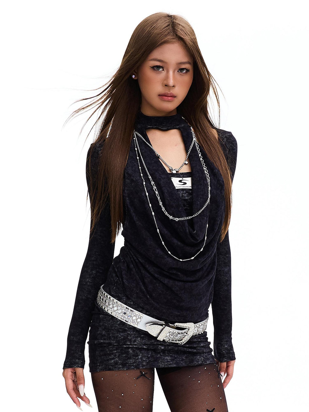 START THE ENGINE Distressed Halter Draped Neck Slim Fit Long Sleeve Women's Casual Mini Dresses