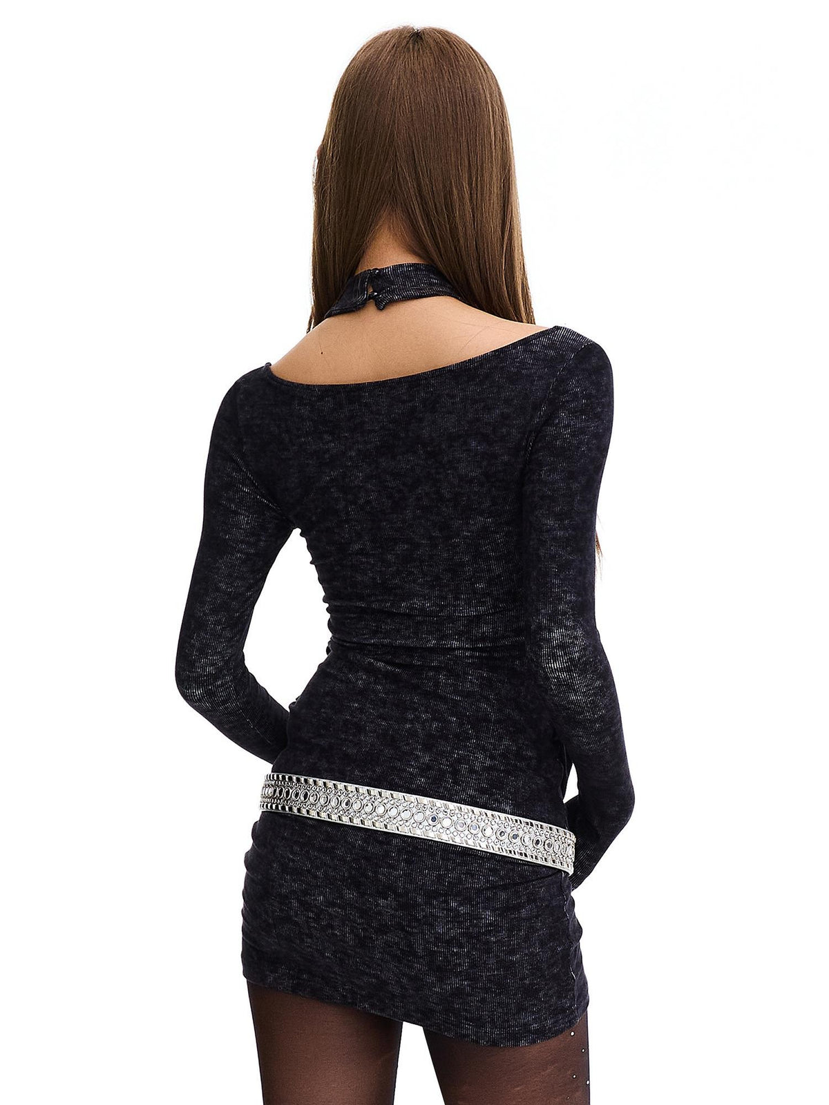 START THE ENGINE Distressed Halter Draped Neck Slim Fit Long Sleeve Women's Casual Mini Dresses