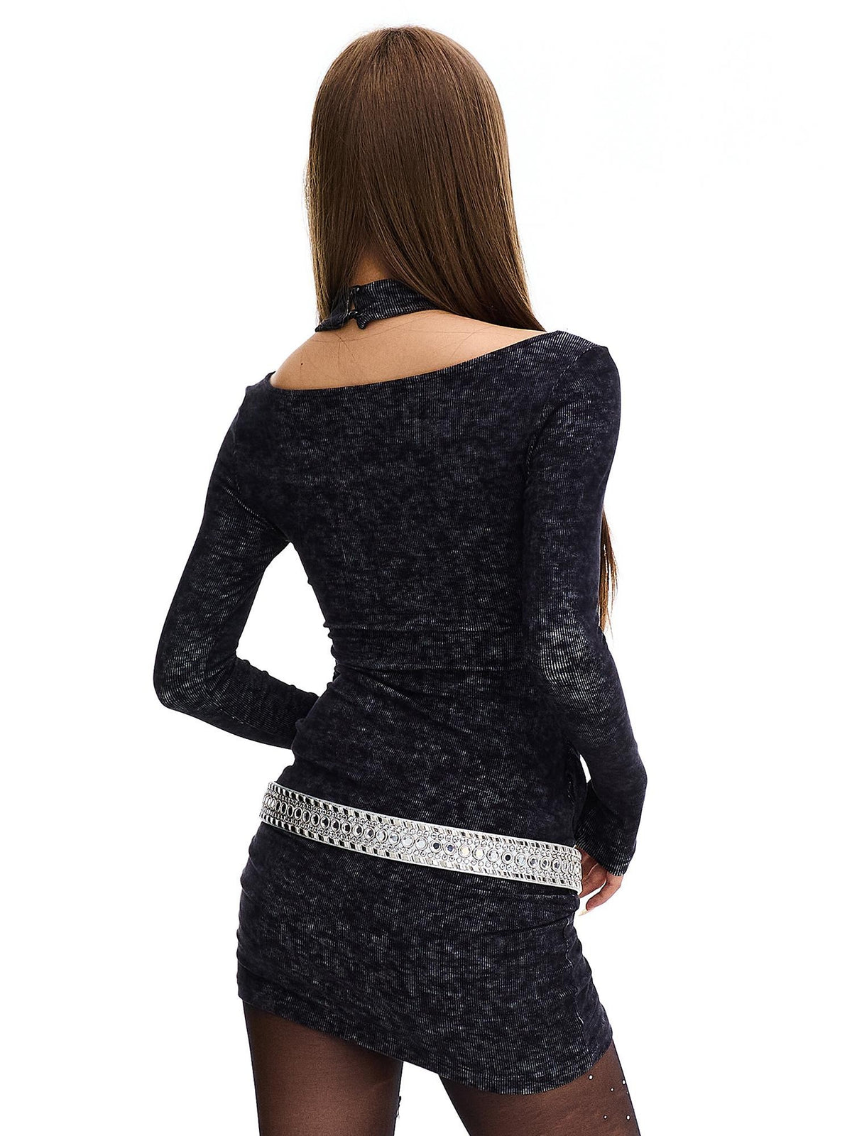 START THE ENGINE Distressed Halter Draped Neck Slim Fit Long Sleeve Women's Casual Mini Dresses