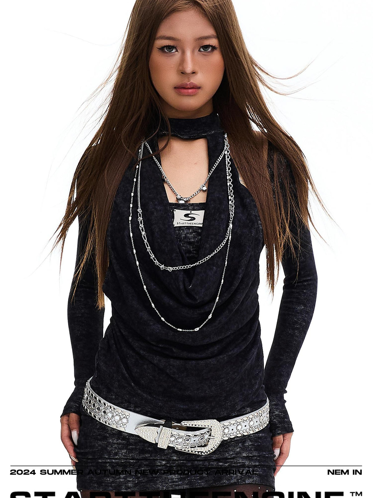 START THE ENGINE Distressed Halter Draped Neck Slim Fit Long Sleeve Women's Casual Mini Dresses