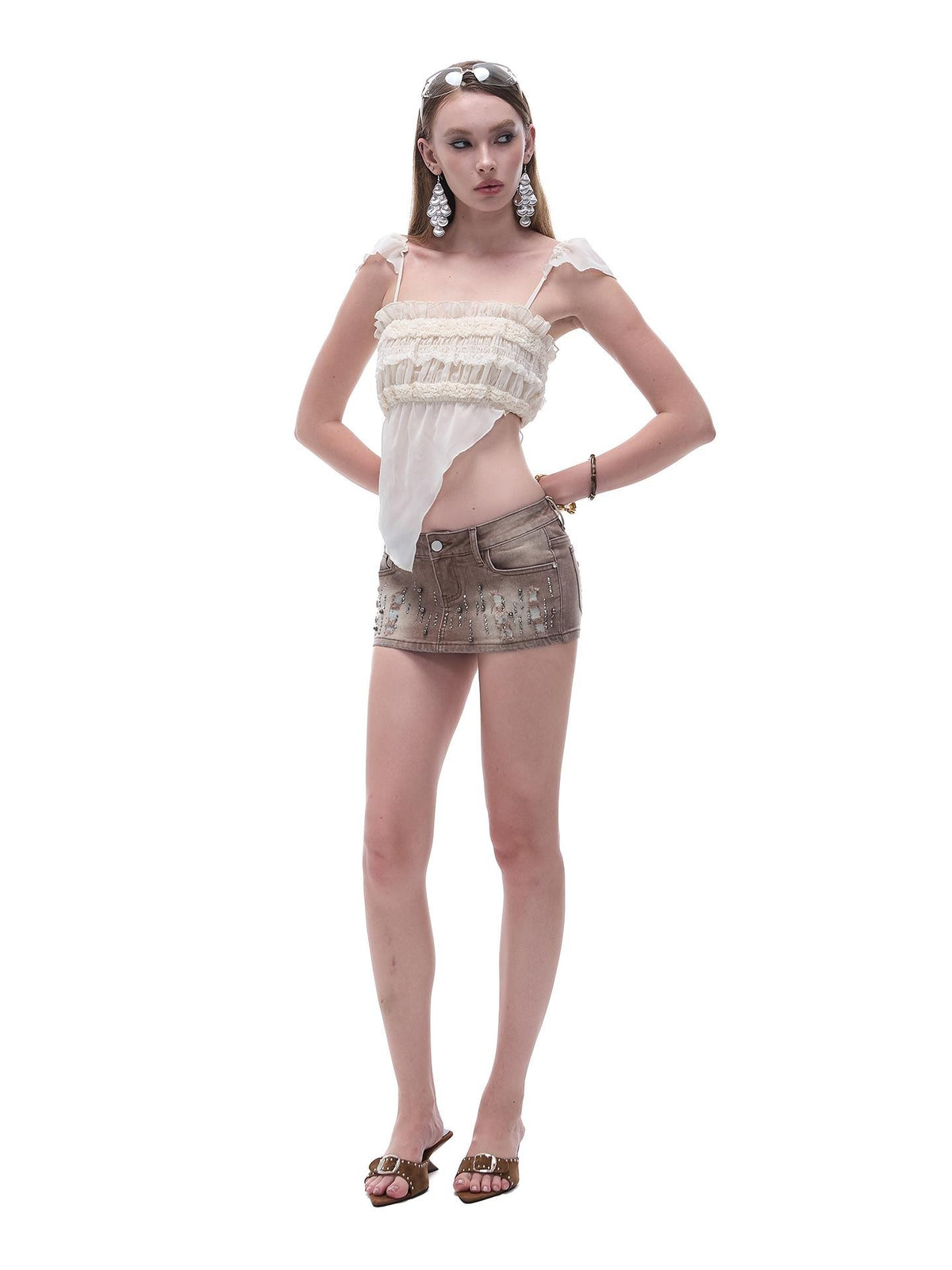 START THE ENGINE Distressed Low Waist Washed Stretch Denim Women's Cotton Mini Skirts