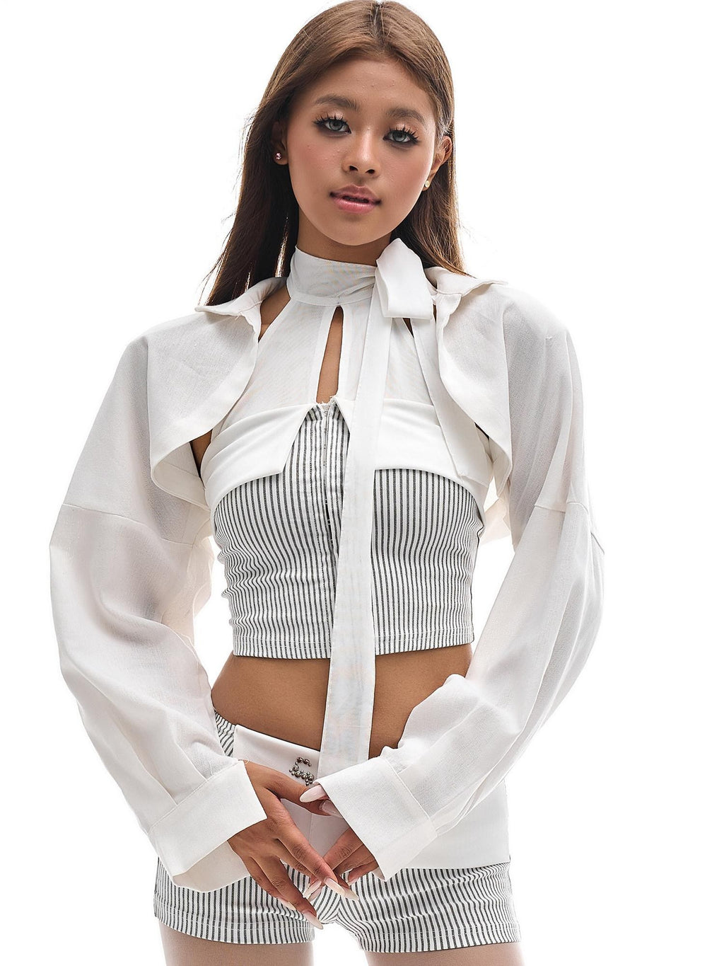 START THE ENGINE Edgy Padded Shoulder Shirt Collar Women's Cotton Linen Cropped Shirts