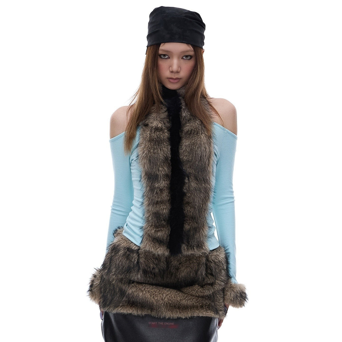 START_THE_ENGINE_Faux_Fur_Panel_High_Neck_Halter_One_Shoulder_Women's_Long_Sleeve_T-shirts_992461339490_MISSTT