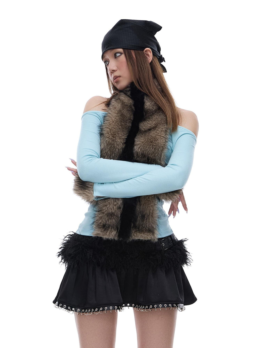 START THE ENGINE Faux Fur Panel High Neck Halter One Shoulder Women's Long Sleeve T-shirts