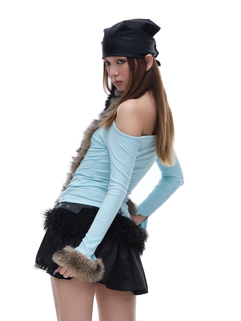 START THE ENGINE Faux Fur Panel High Neck Halter One Shoulder Women's Long Sleeve T-shirts