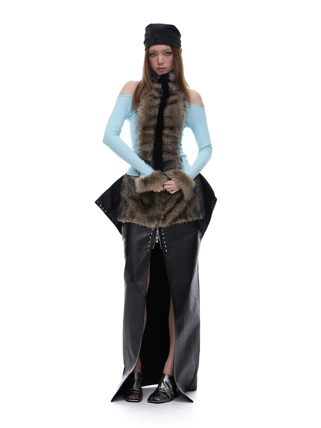 START THE ENGINE Faux Fur Panel High Neck Halter One Shoulder Women's Long Sleeve T-shirts