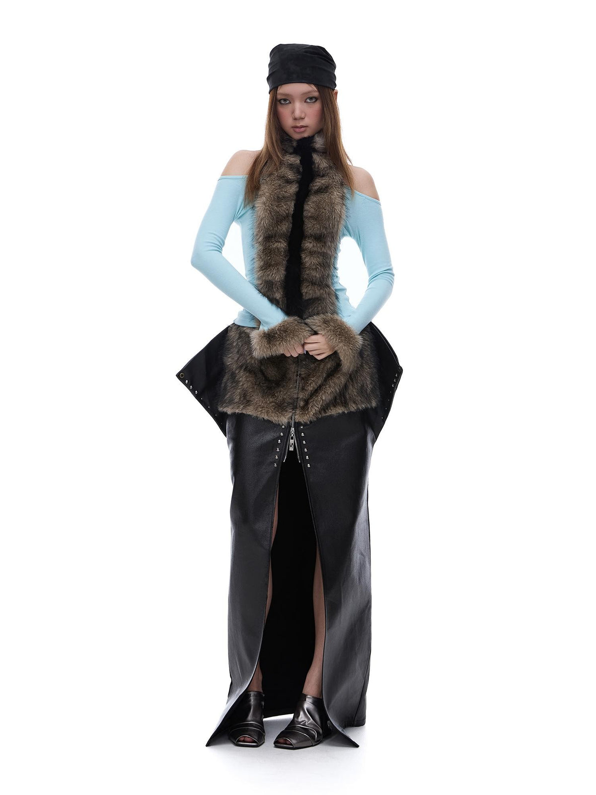 START THE ENGINE Faux Fur Panel High Neck Halter One Shoulder Women's Long Sleeve T-shirts