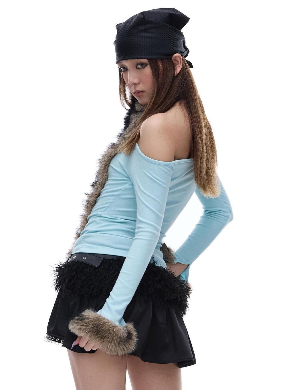 START THE ENGINE Faux Fur Panel High Neck Halter One Shoulder Women's Long Sleeve T-shirts