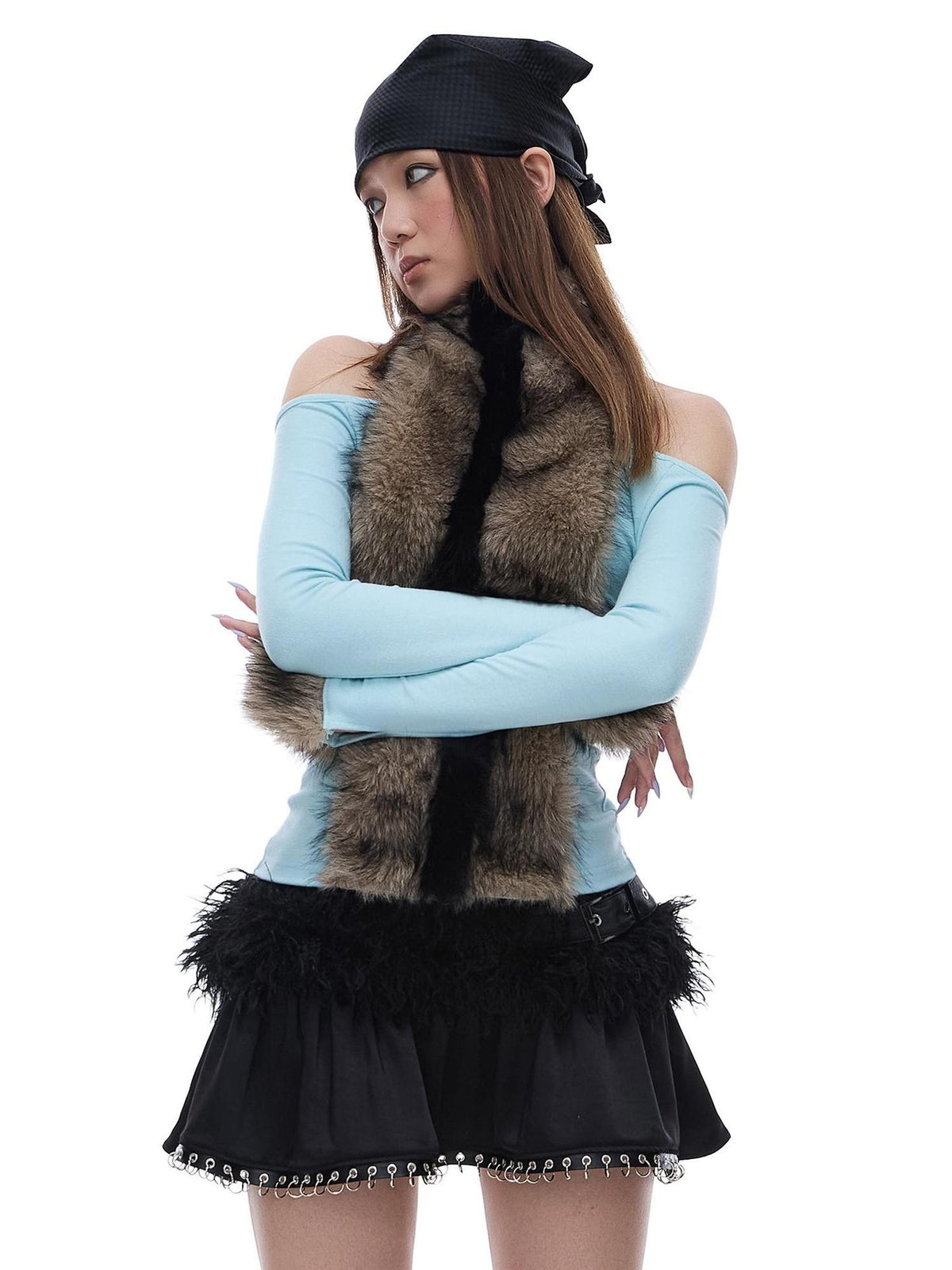 START THE ENGINE Faux Fur Panel High Neck Halter One Shoulder Women's Long Sleeve T-shirts