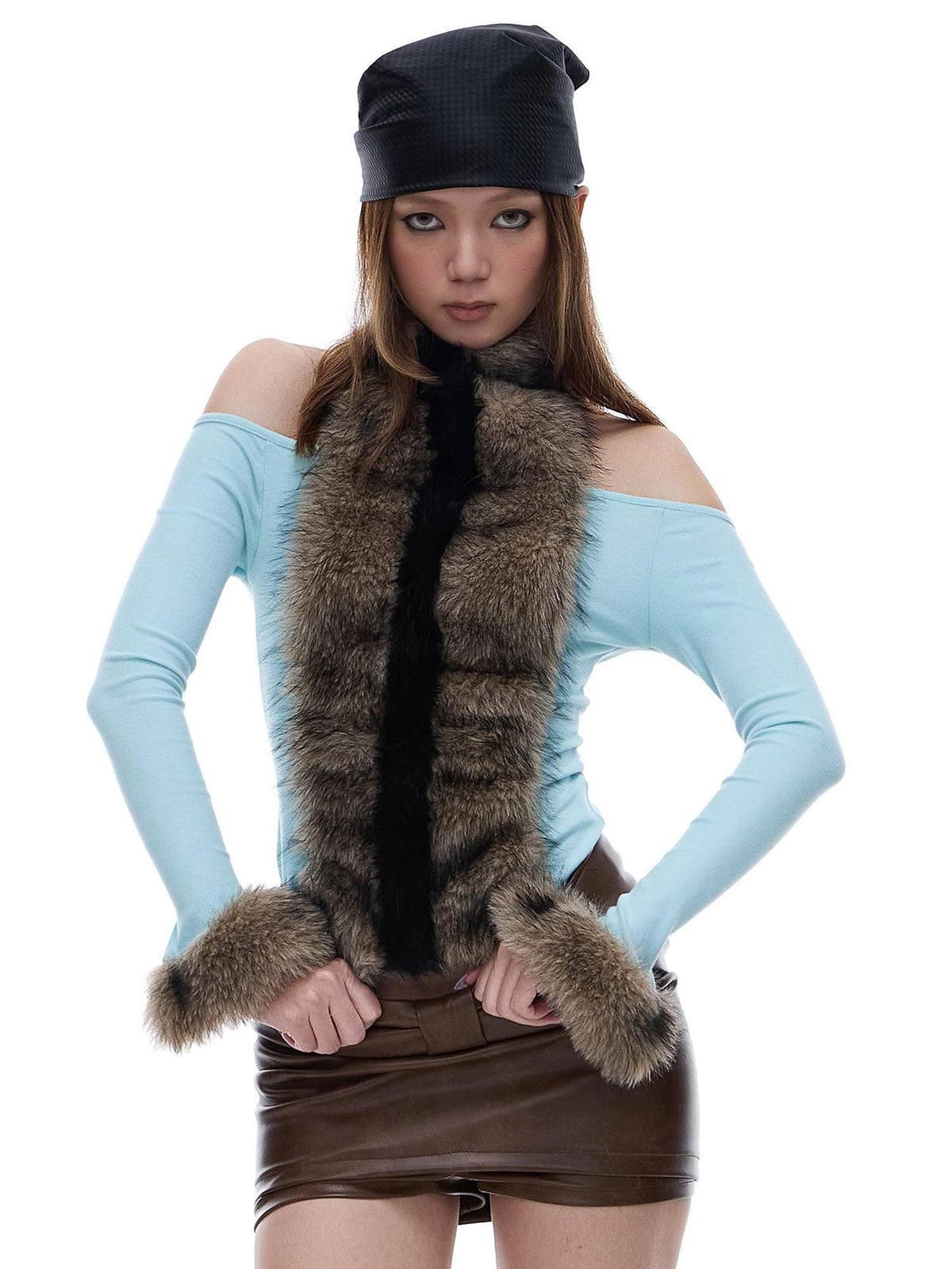 START THE ENGINE Faux Fur Panel High Neck Halter One Shoulder Women's Long Sleeve T-shirts