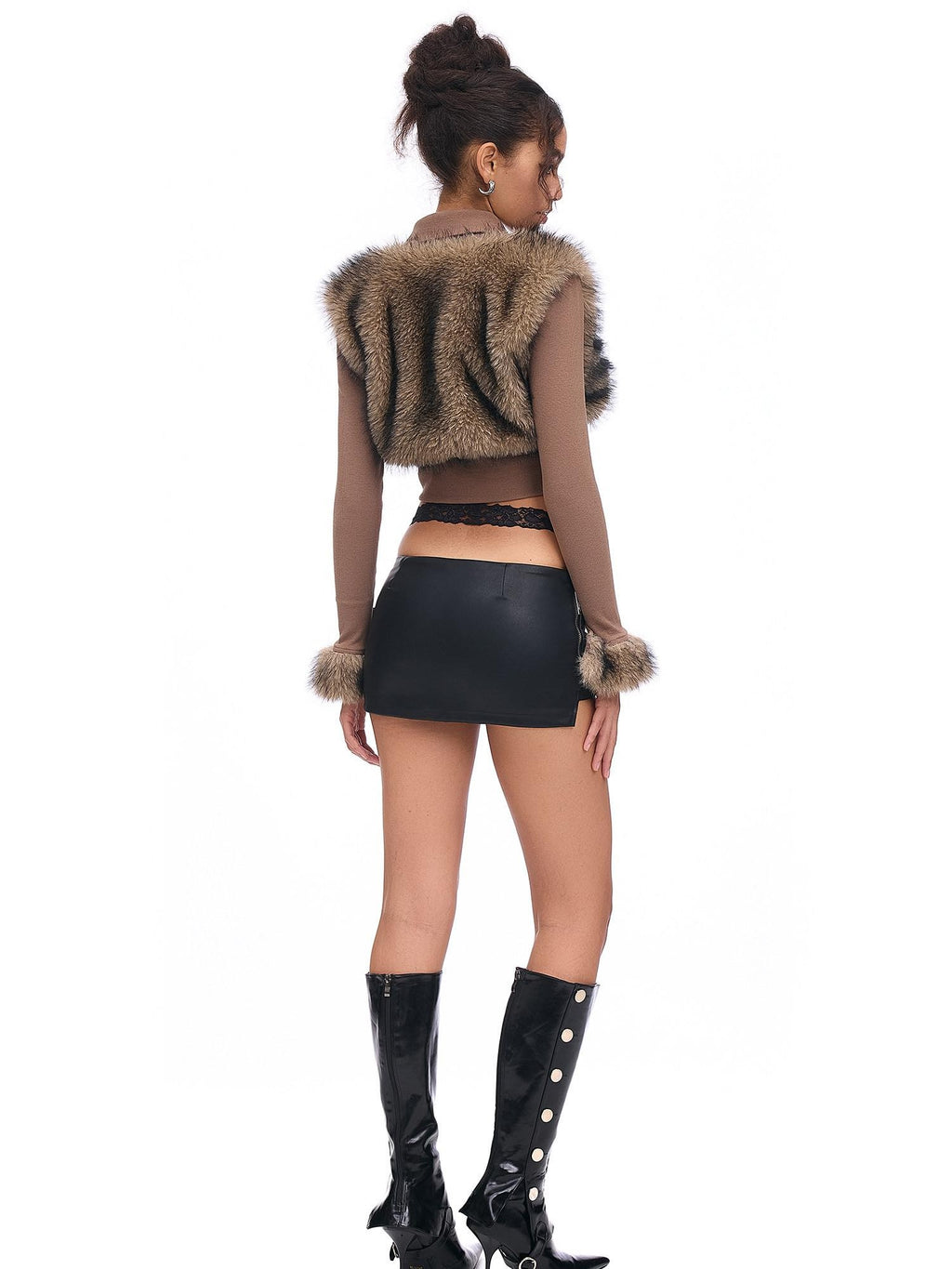 START THE ENGINE Faux Fur Spliced Ribbed Knit Buttoned Women's Cotton Blend Cropped Jackets