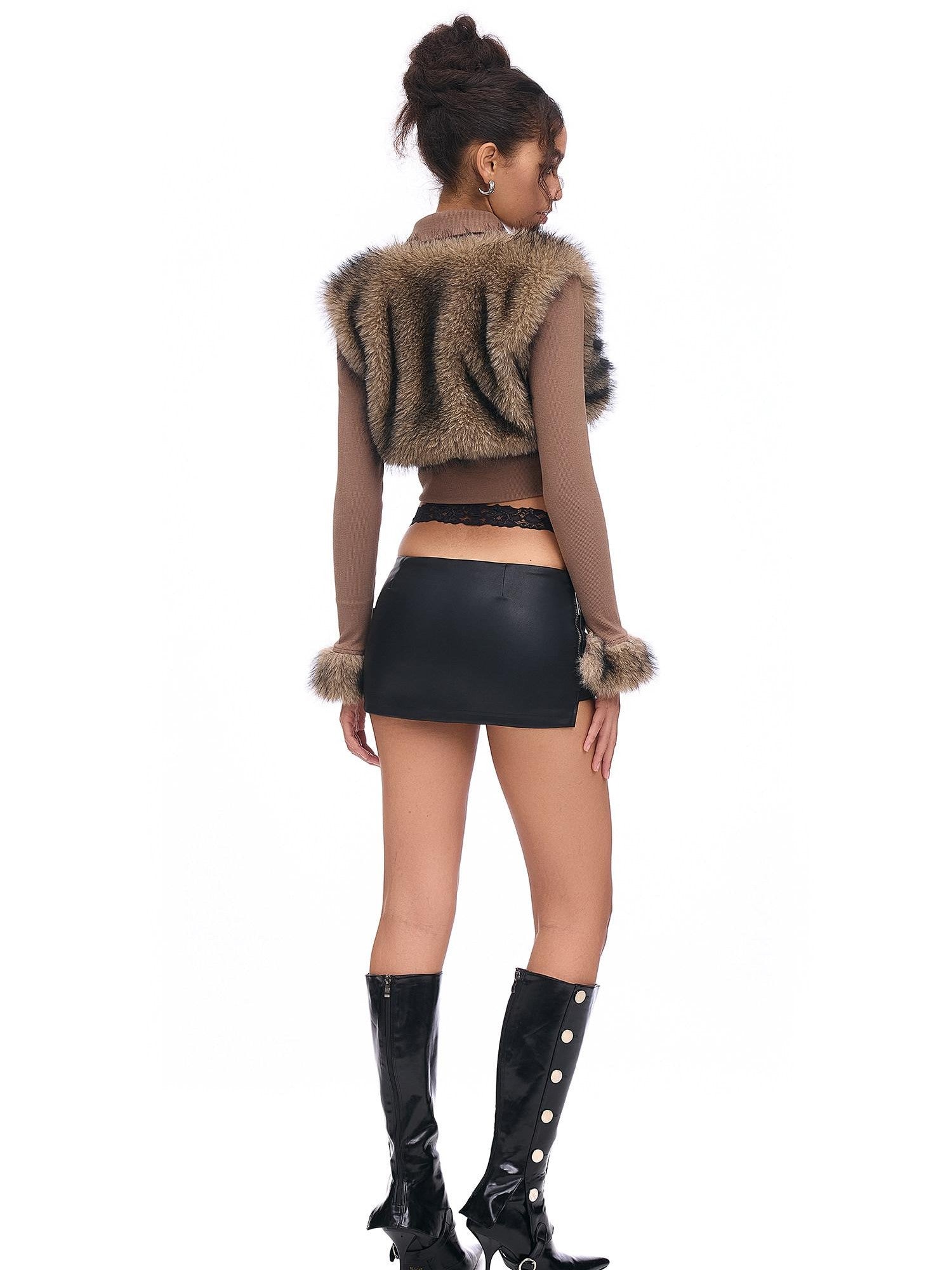 START THE ENGINE Faux Fur Spliced Ribbed Knit Buttoned Women's Cotton Blend Cropped Jackets