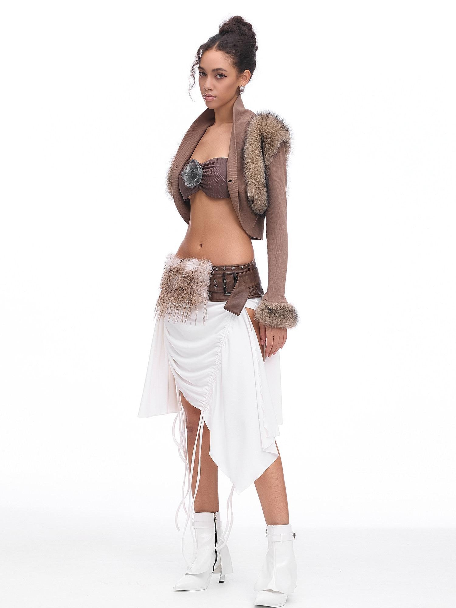 START THE ENGINE Faux Fur Spliced Ribbed Knit Buttoned Women's Cotton Blend Cropped Jackets