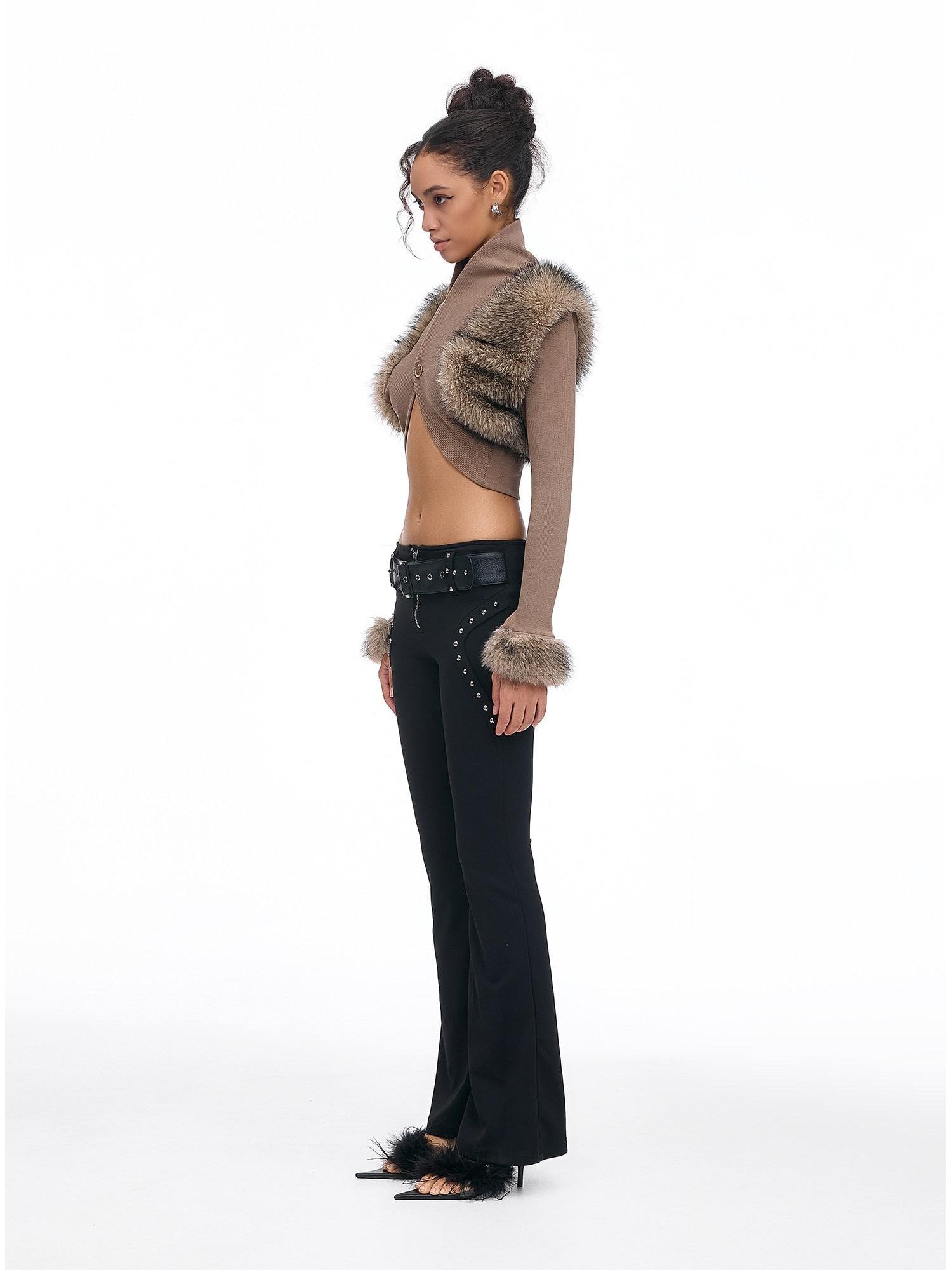 START THE ENGINE Faux Fur Spliced Ribbed Knit Buttoned Women's Cotton Blend Cropped Jackets