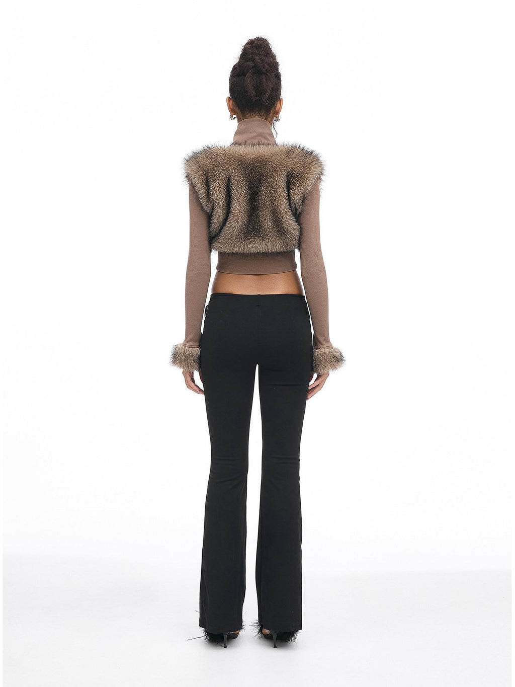 START THE ENGINE Faux Fur Spliced Ribbed Knit Buttoned Women's Cotton Blend Cropped Jackets