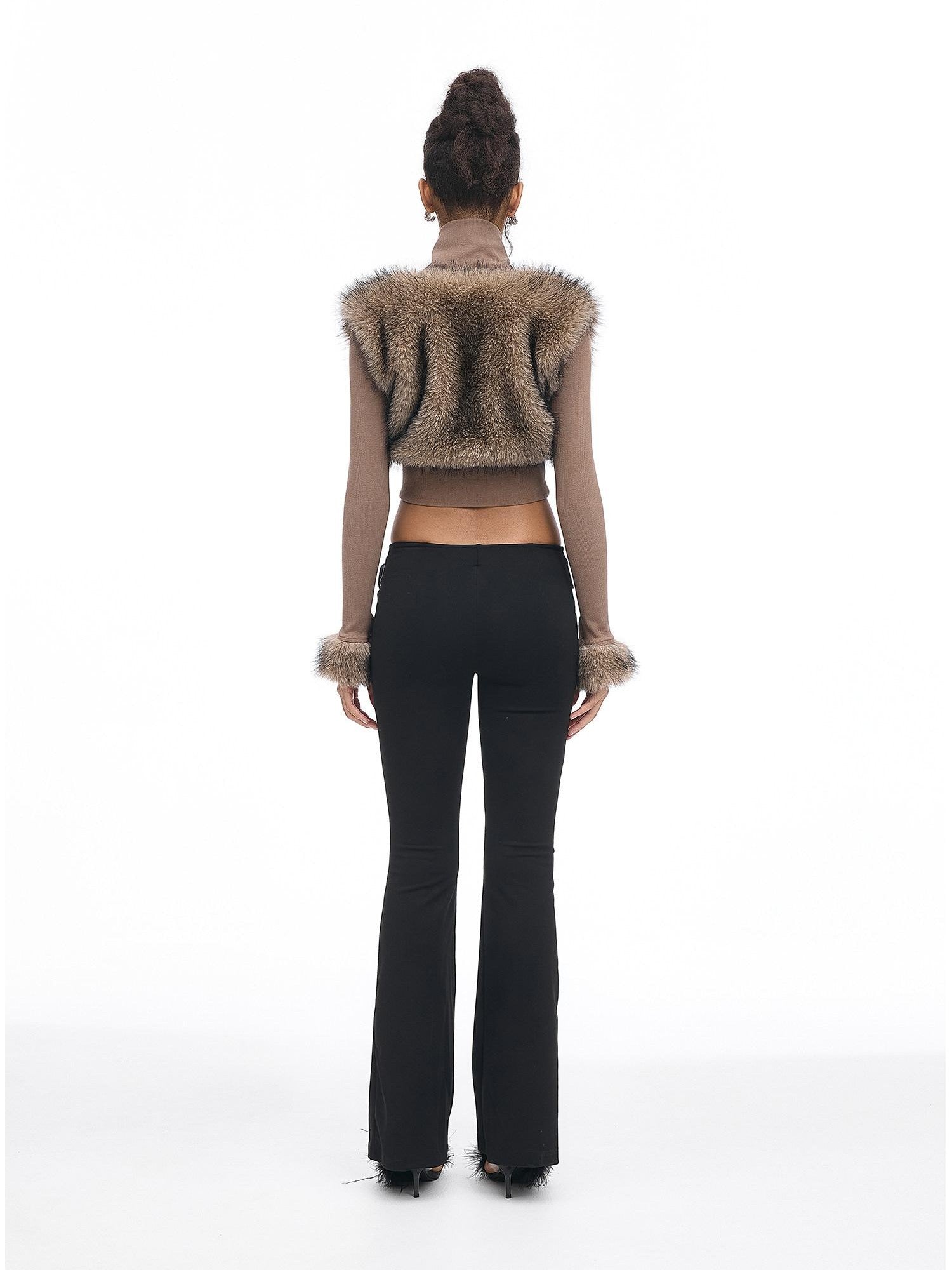 START THE ENGINE Faux Fur Spliced Ribbed Knit Buttoned Women's Cotton Blend Cropped Jackets