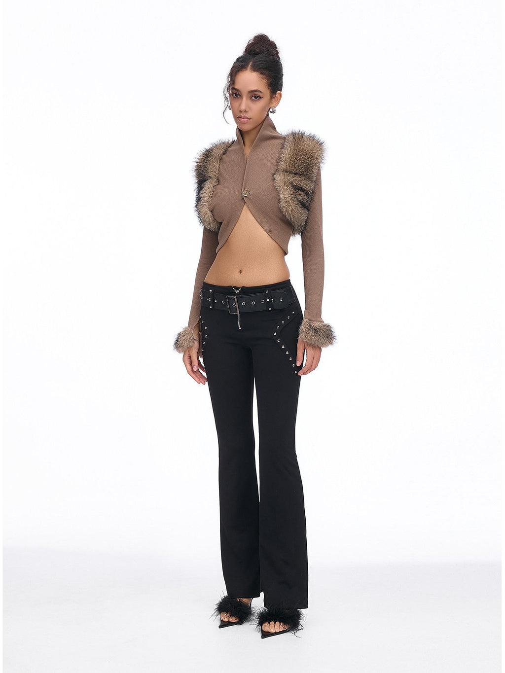 START THE ENGINE Faux Fur Spliced Ribbed Knit Buttoned Women's Cotton Blend Cropped Jackets