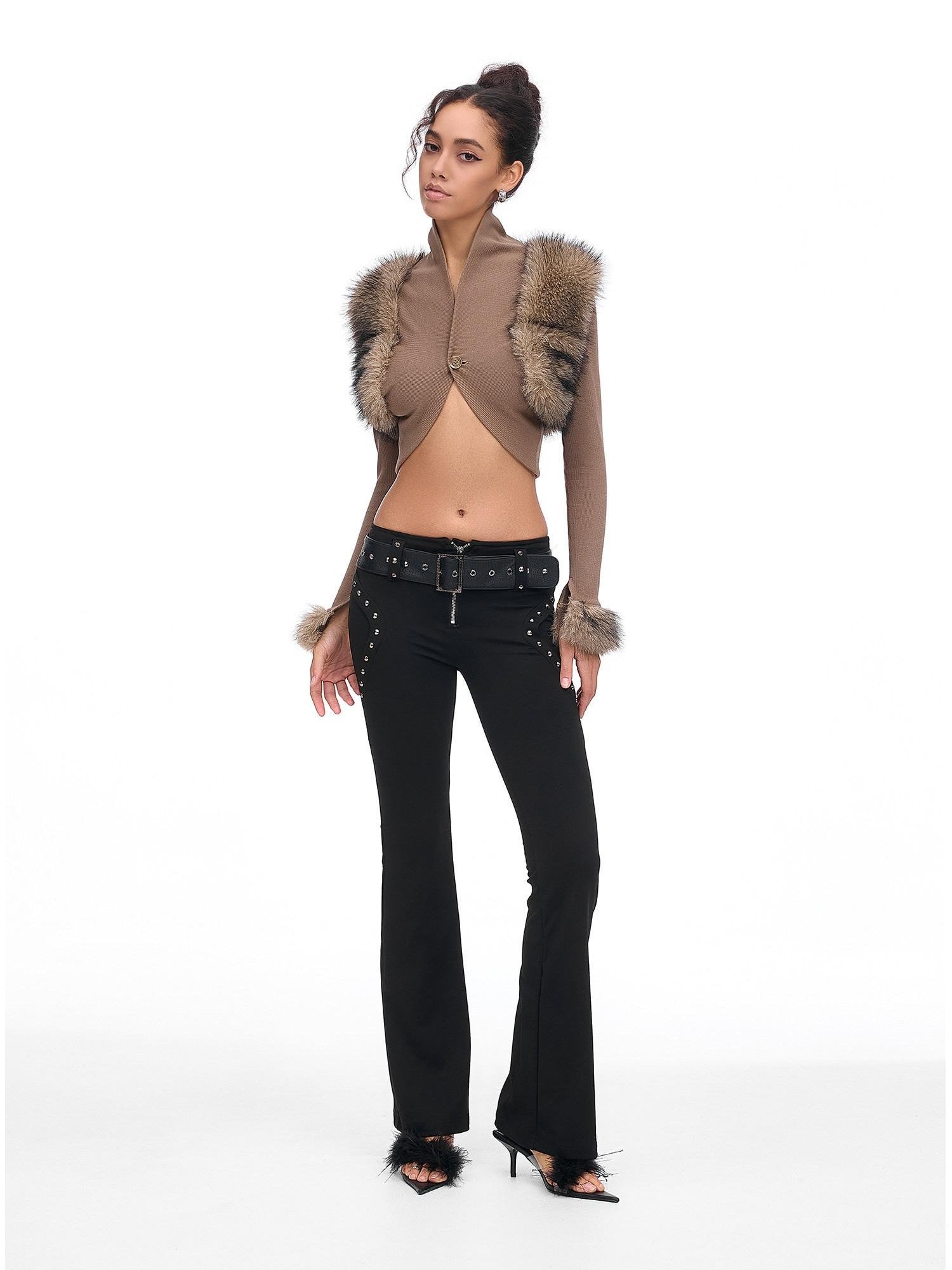 START THE ENGINE Faux Fur Spliced Ribbed Knit Buttoned Women's Cotton Blend Cropped Jackets
