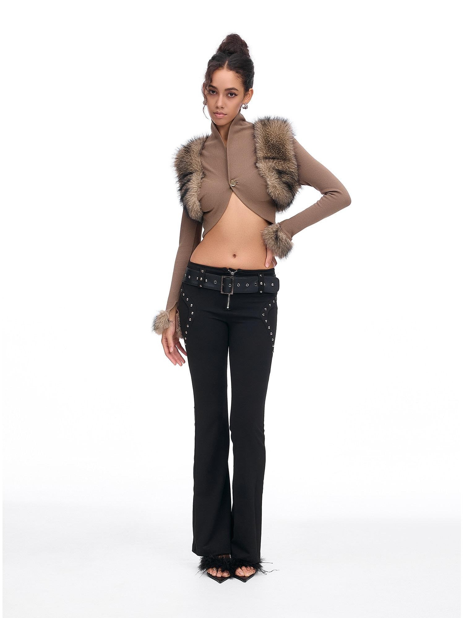 START THE ENGINE Faux Fur Spliced Ribbed Knit Buttoned Women's Cotton Blend Cropped Jackets