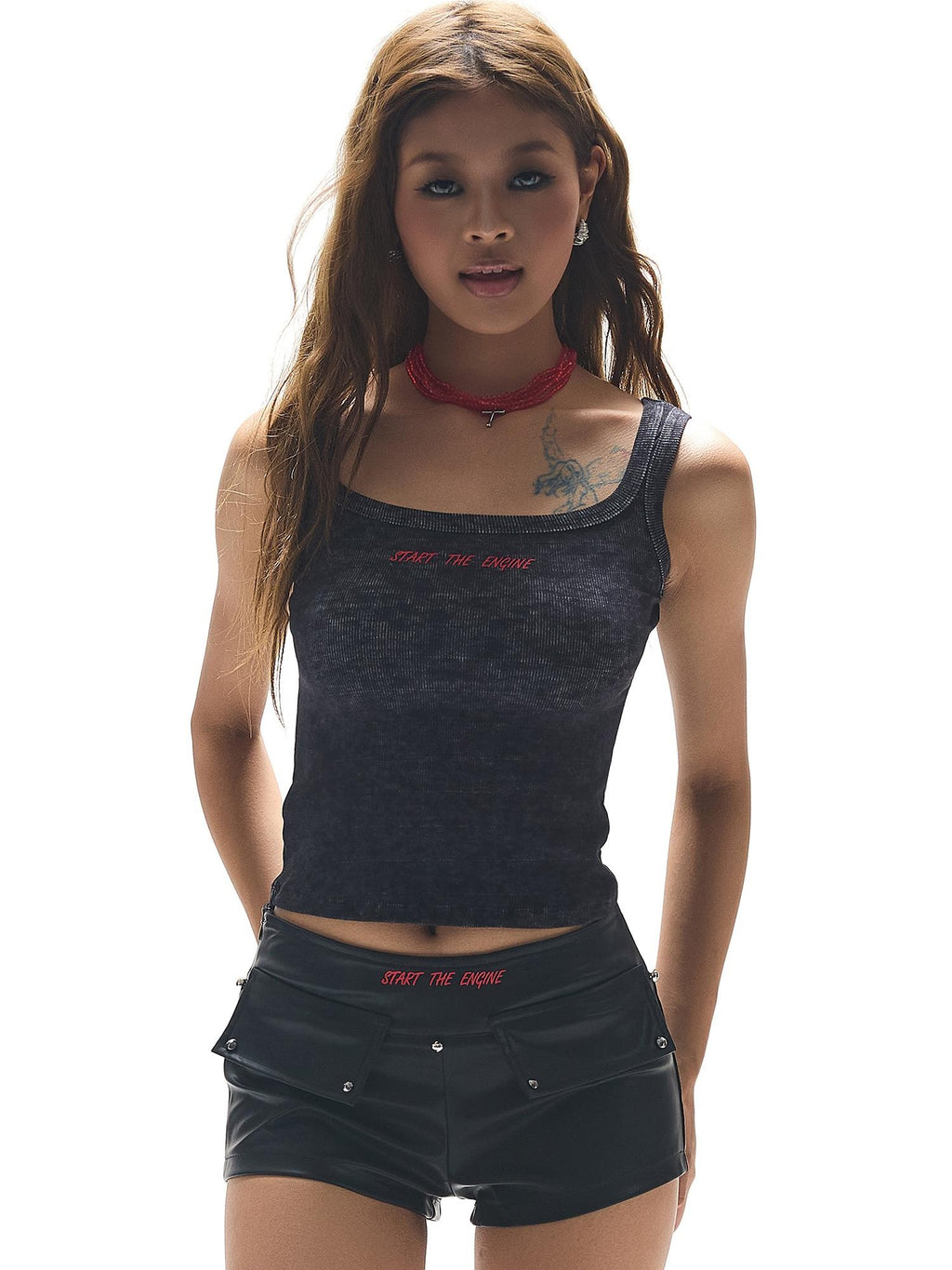 START THE ENGINE Graphic Print Distressed Slim Fit Ribbed Women's Polyester Tank Tops