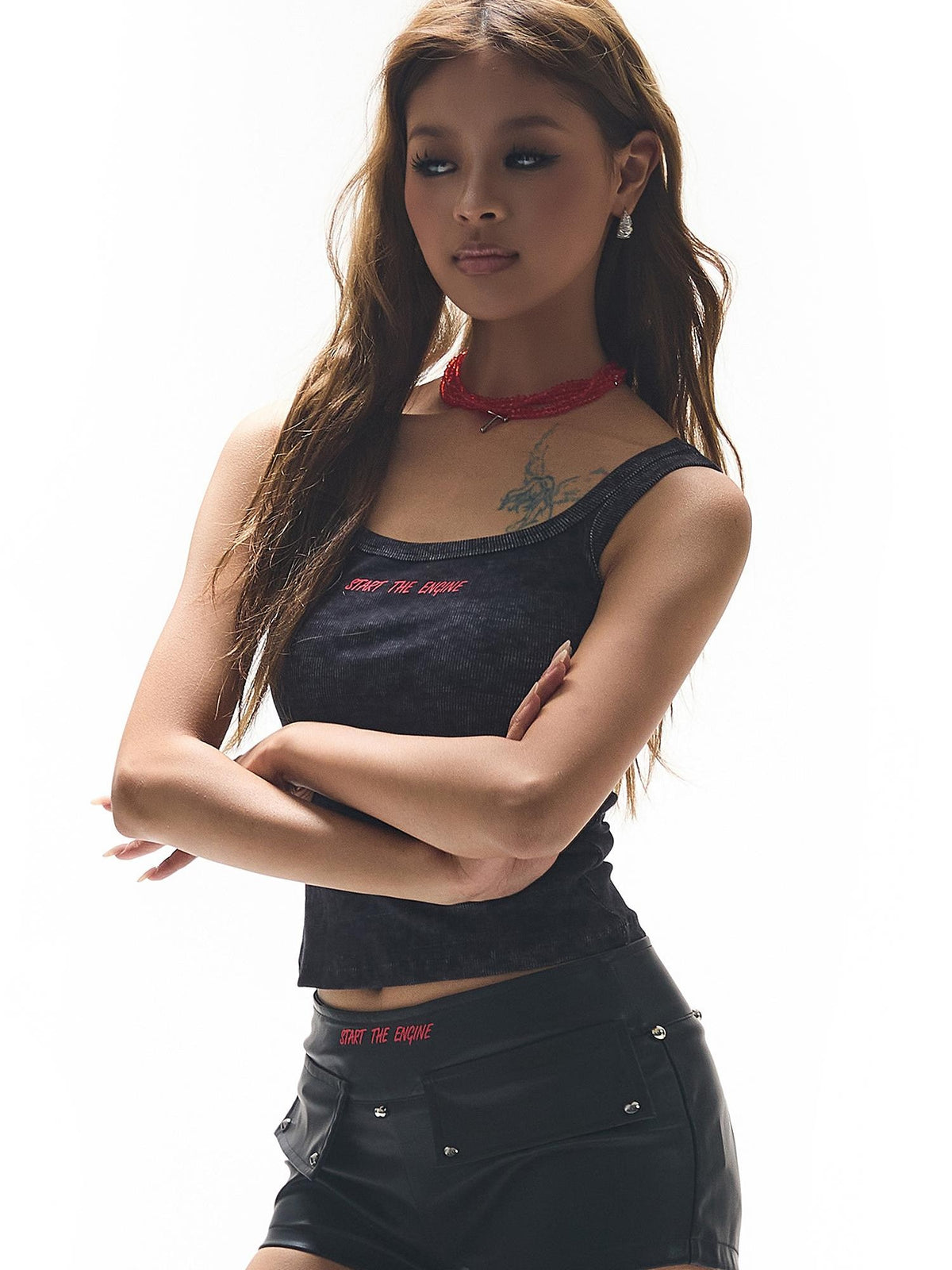 START THE ENGINE Graphic Print Distressed Slim Fit Ribbed Women's Polyester Tank Tops