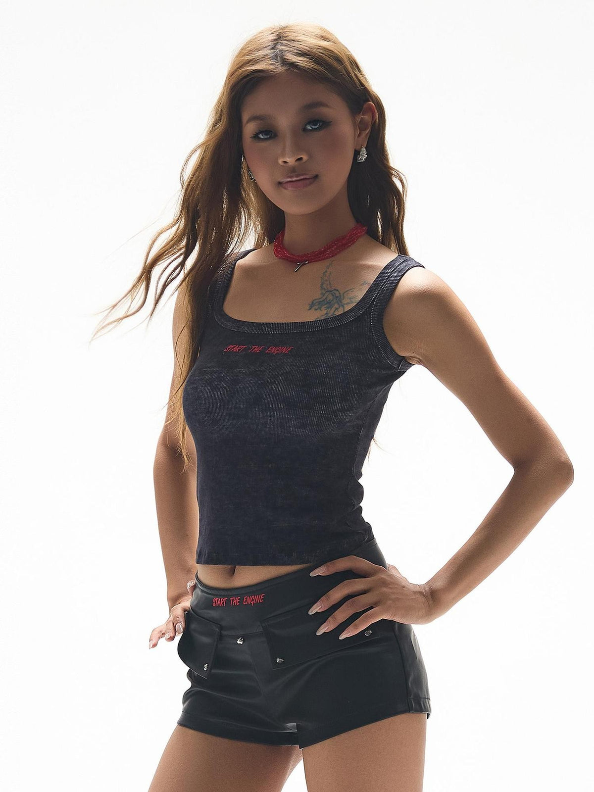 START THE ENGINE Graphic Print Distressed Slim Fit Ribbed Women's Polyester Tank Tops