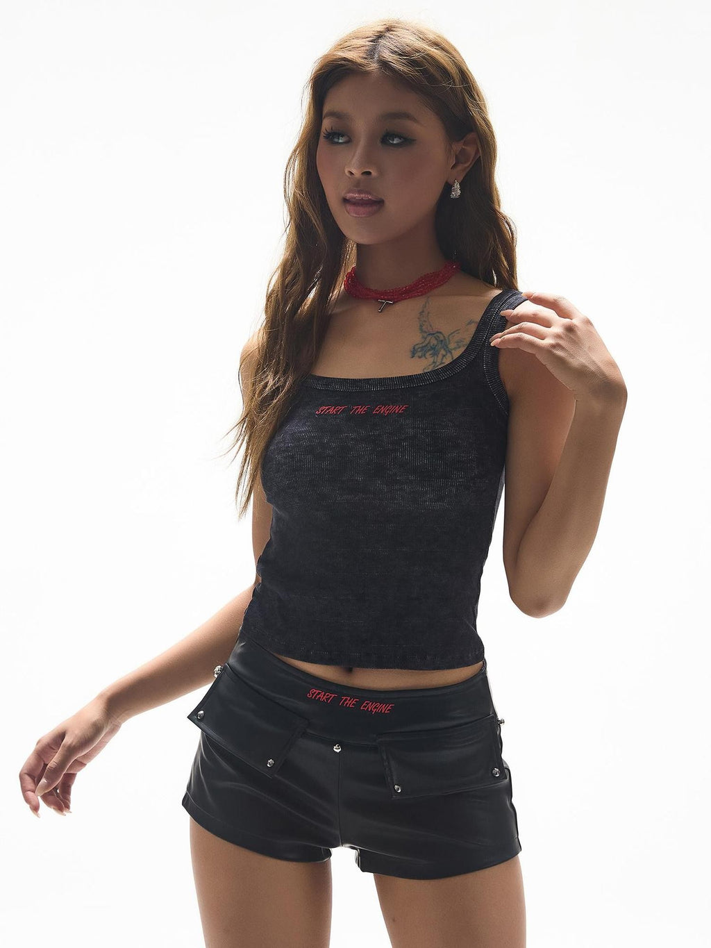 START THE ENGINE Graphic Print Distressed Slim Fit Ribbed Women's Polyester Tank Tops