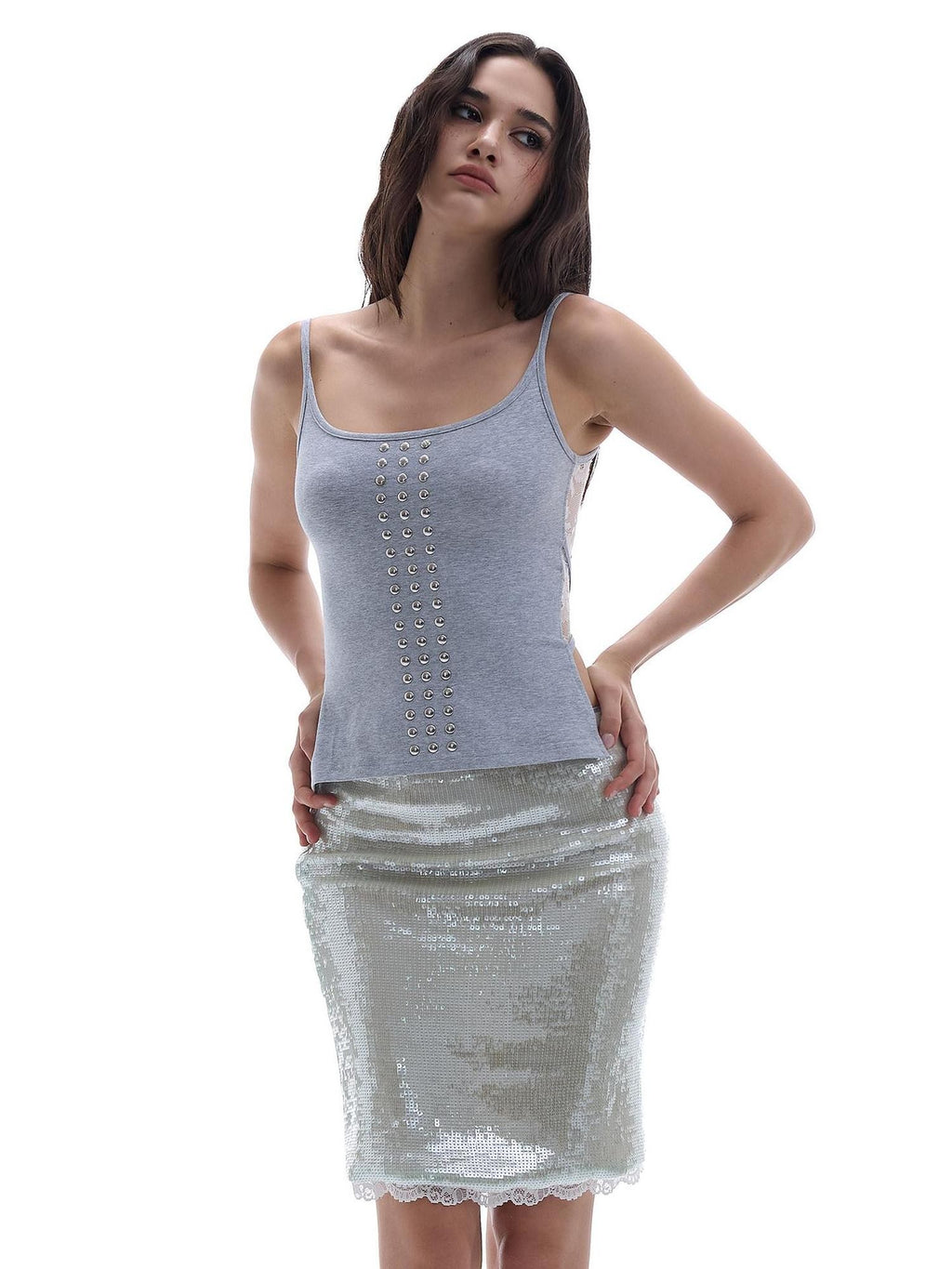 START THE ENGINE Gray Studded Lace Cutout Backless Women's Cotton Blend Camisoles