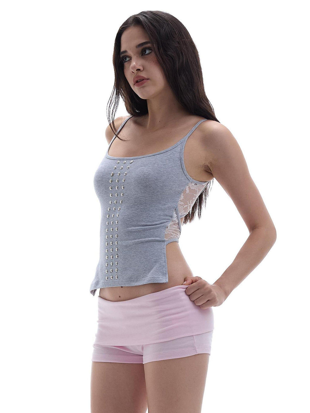 START THE ENGINE Gray Studded Lace Cutout Backless Women's Cotton Blend Camisoles