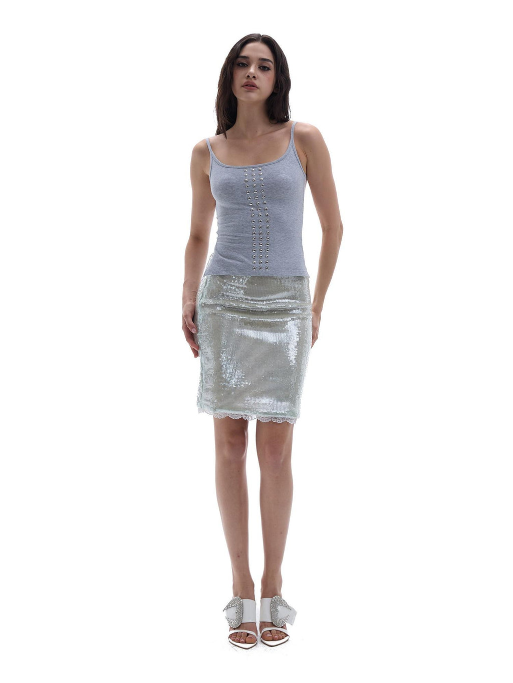START THE ENGINE Gray Studded Lace Cutout Backless Women's Cotton Blend Camisoles