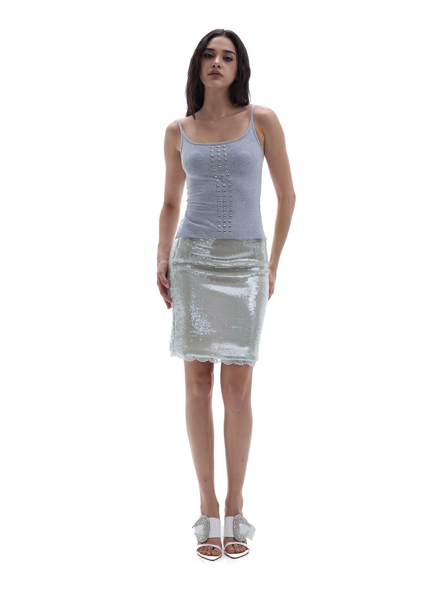 START THE ENGINE Gray Studded Lace Cutout Backless Women's Cotton Blend Camisoles