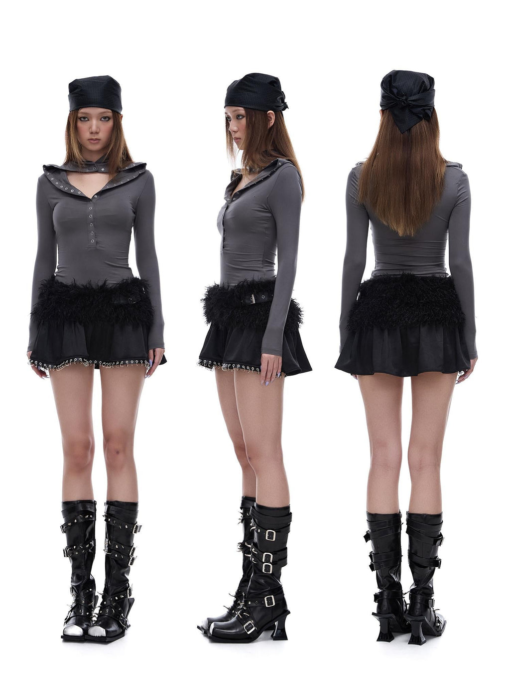 START THE ENGINE Grey Faux Two Piece Lapel Button Women's Lyocell Long Sleeve T-shirts
