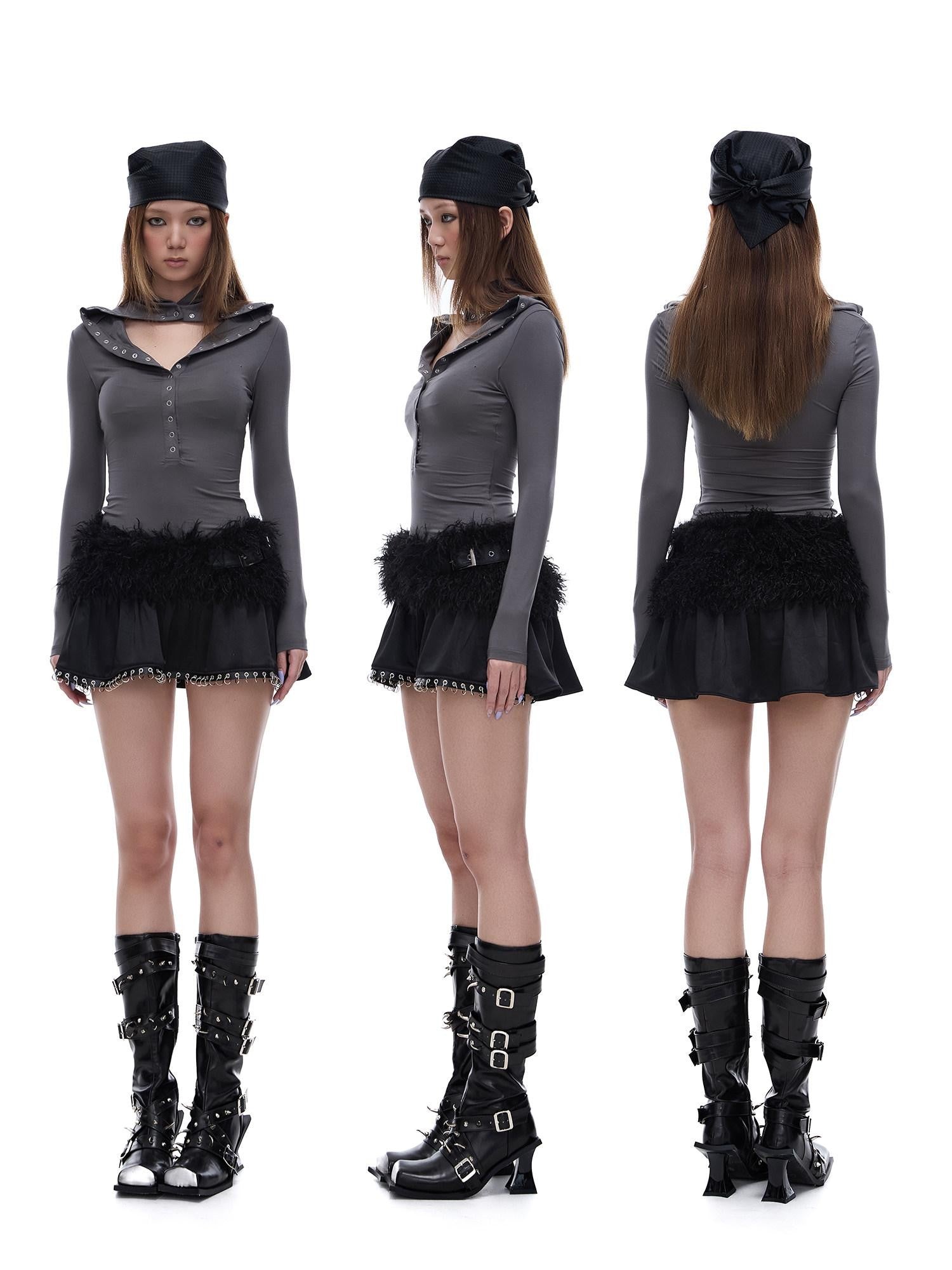 START THE ENGINE Grey Faux Two Piece Lapel Button Women's Lyocell Long Sleeve T-shirts