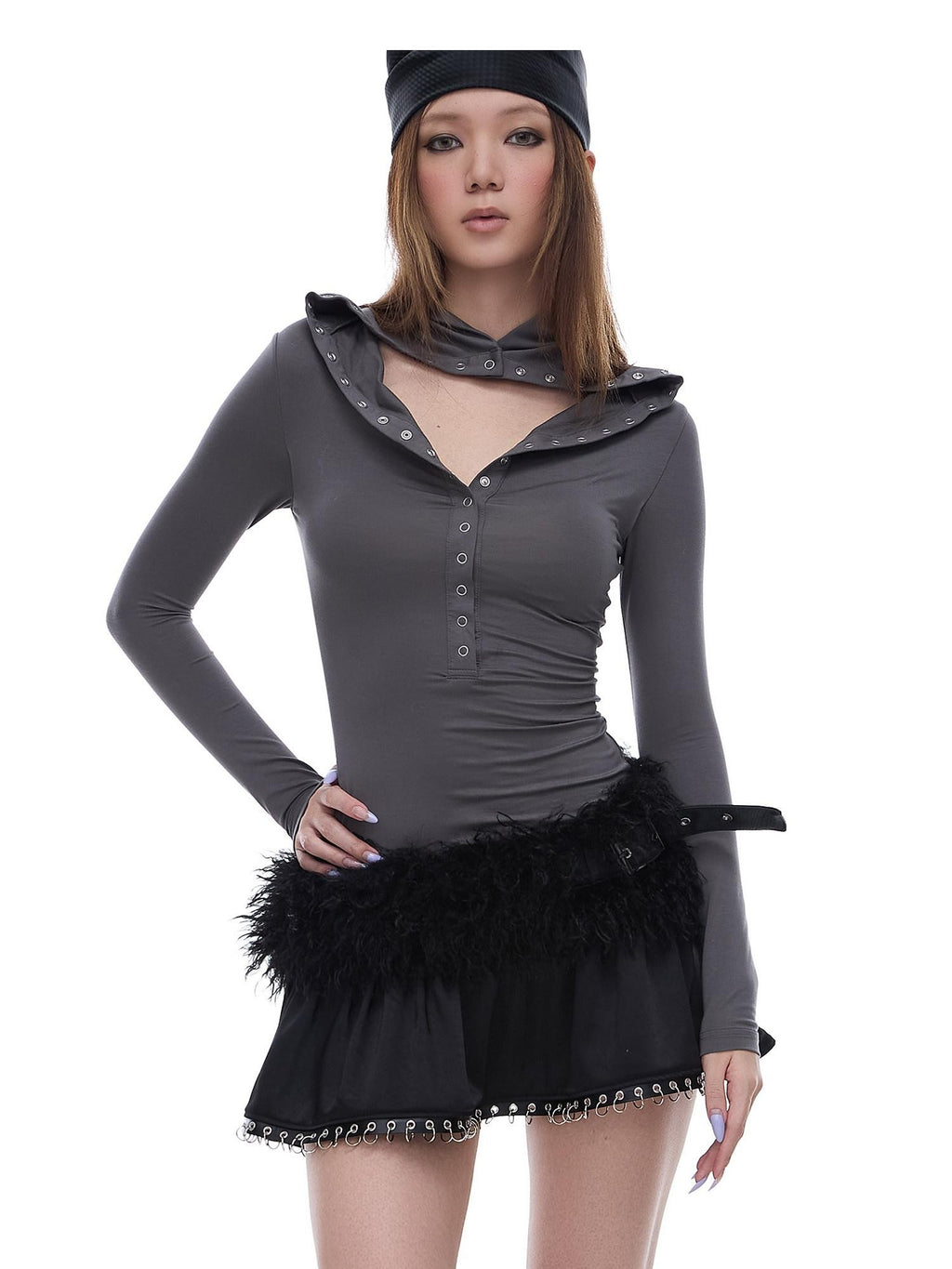 START THE ENGINE Grey Faux Two Piece Lapel Button Women's Lyocell Long Sleeve T-shirts
