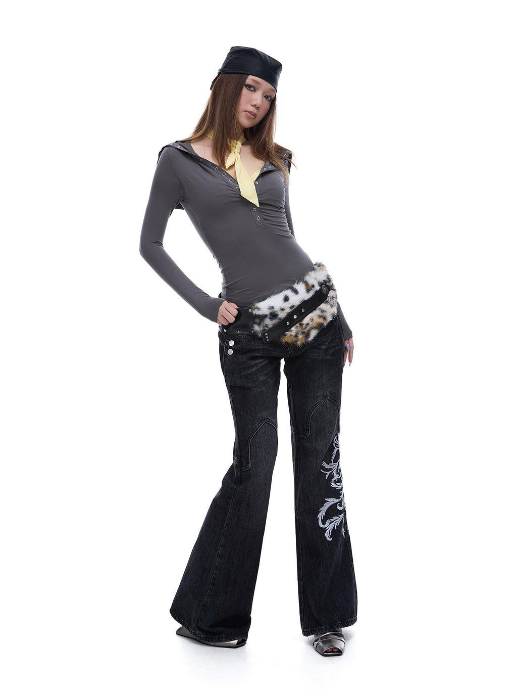 START THE ENGINE Grey Faux Two Piece Lapel Button Women's Lyocell Long Sleeve T-shirts