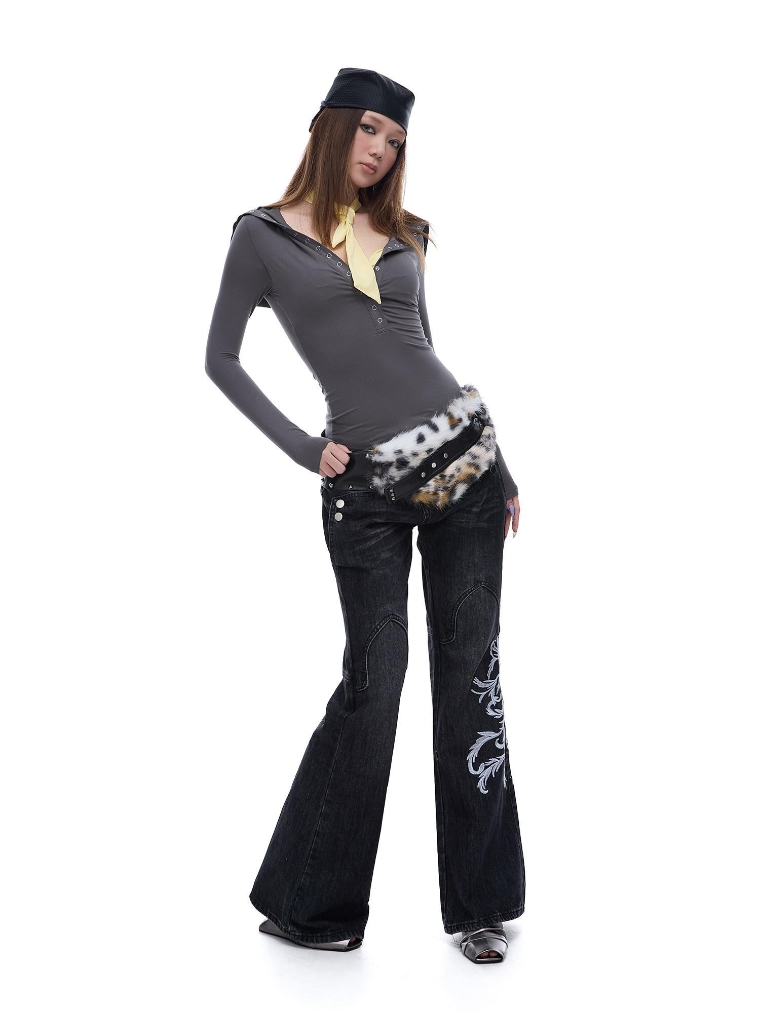 START THE ENGINE Grey Faux Two Piece Lapel Button Women's Lyocell Long Sleeve T-shirts