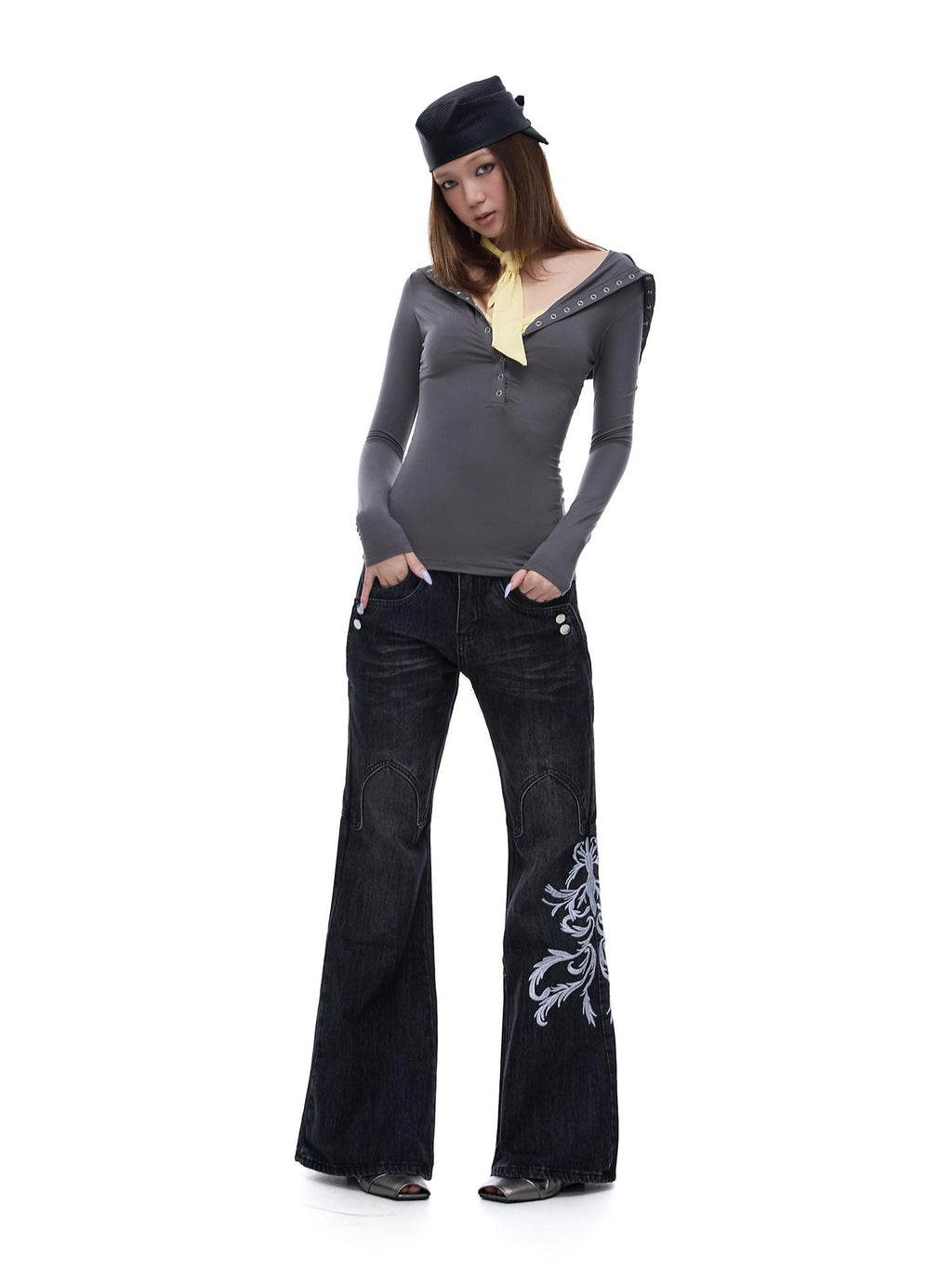 START THE ENGINE Grey Faux Two Piece Lapel Button Women's Lyocell Long Sleeve T-shirts