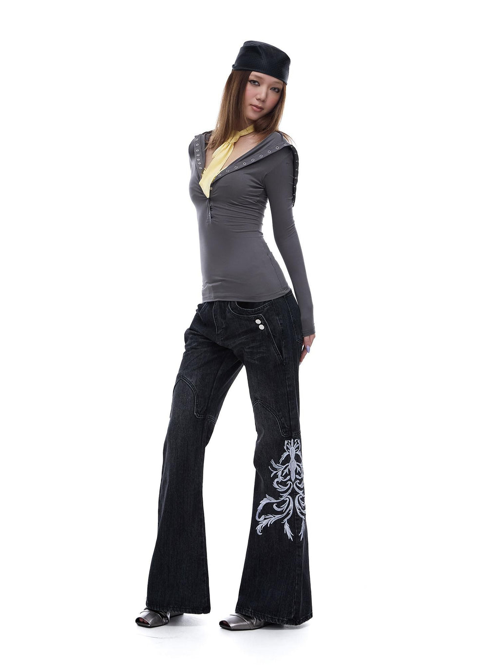 START THE ENGINE Grey Faux Two Piece Lapel Button Women's Lyocell Long Sleeve T-shirts