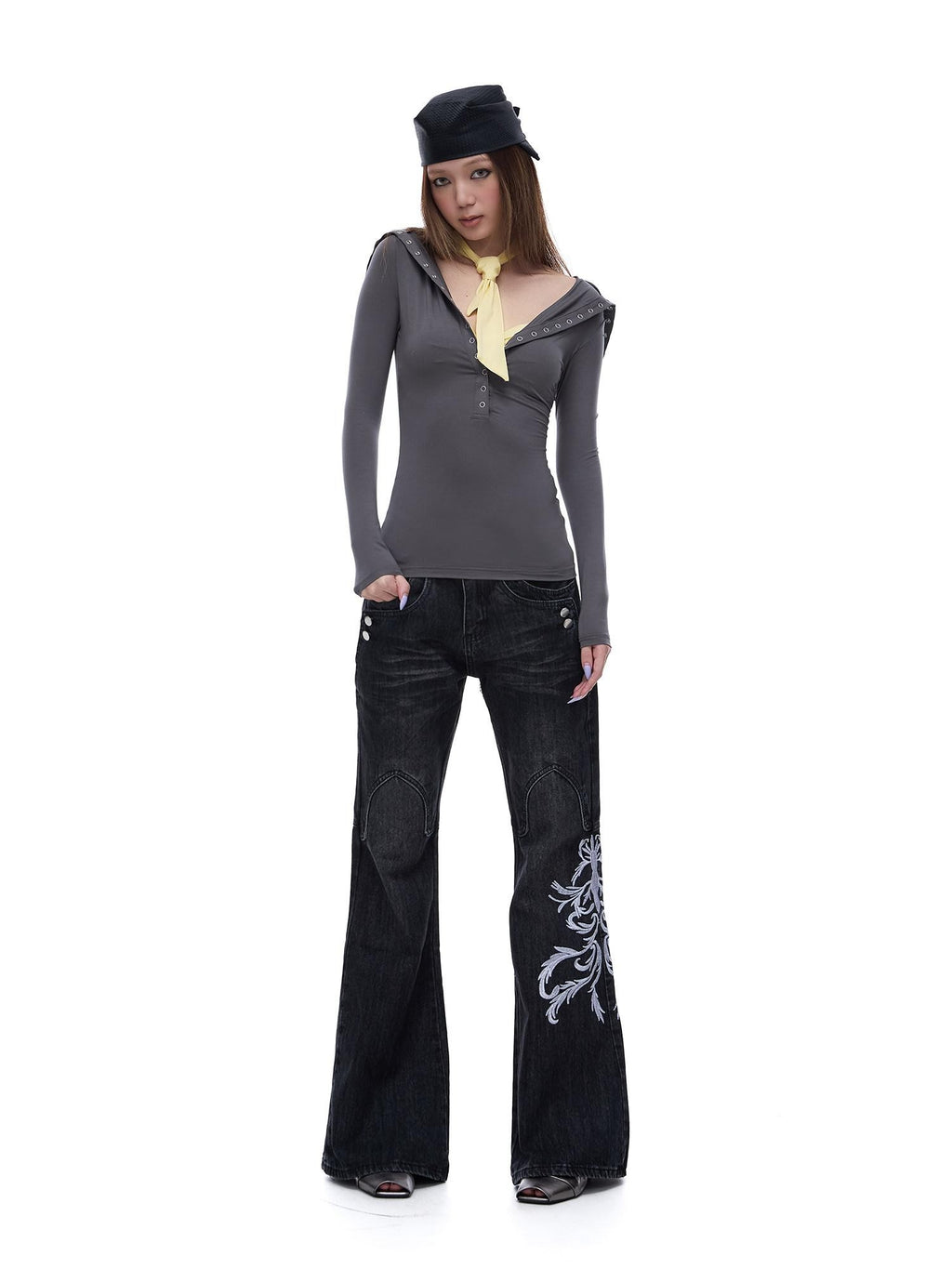 START THE ENGINE Grey Faux Two Piece Lapel Button Women's Lyocell Long Sleeve T-shirts