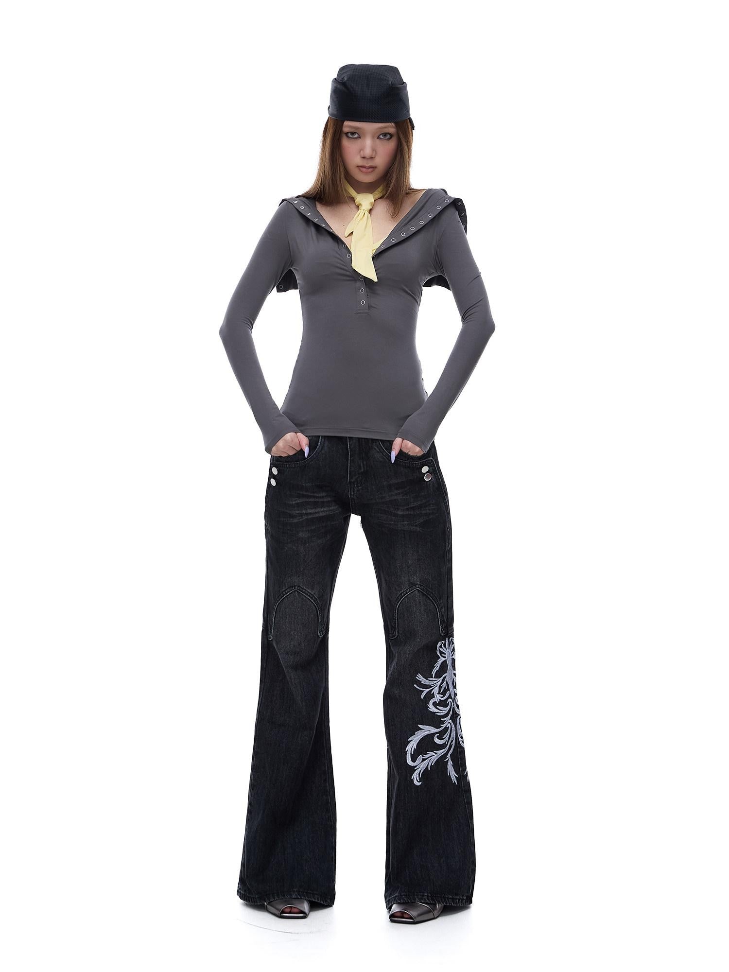 START THE ENGINE Grey Faux Two Piece Lapel Button Women's Lyocell Long Sleeve T-shirts