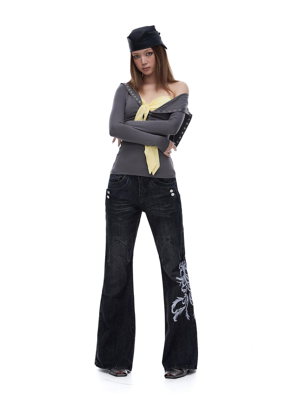 START THE ENGINE Grey Faux Two Piece Lapel Button Women's Lyocell Long Sleeve T-shirts