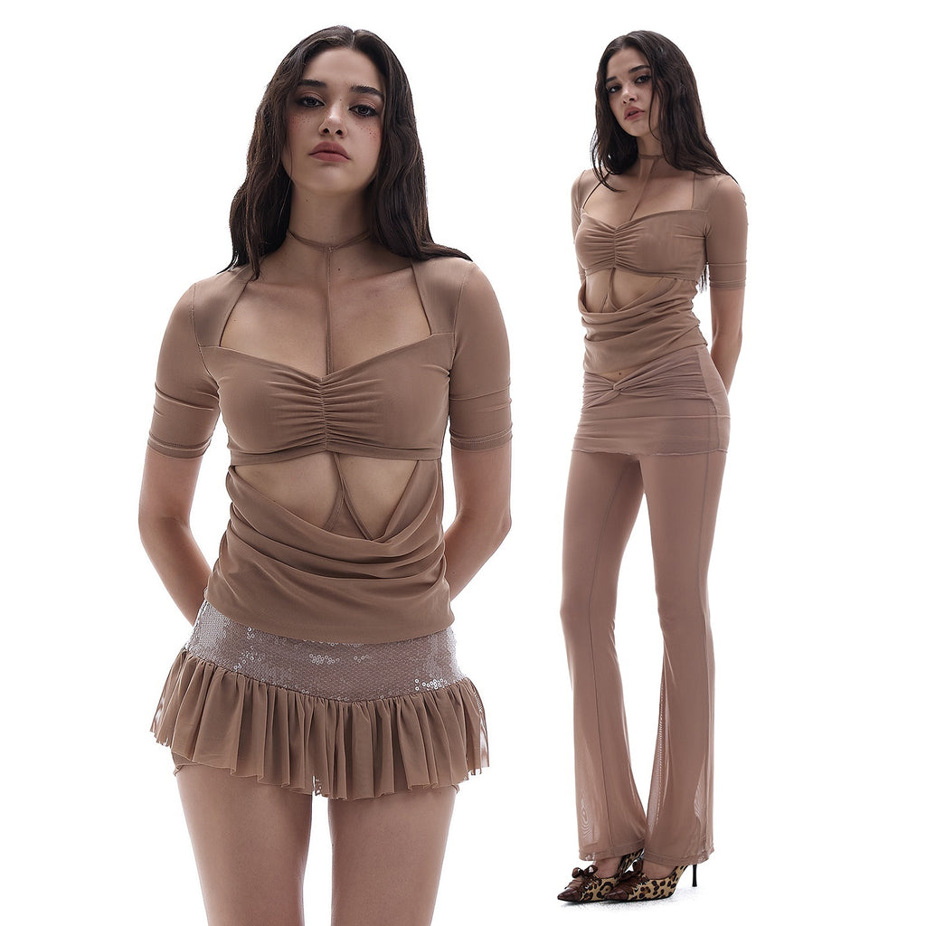 START_THE_ENGINE_Hollow_Out_Ruched_Square_Neck_Solid_Mesh_Women's_Short_Sleeve_T-shirts_1053158238504_MISSTT