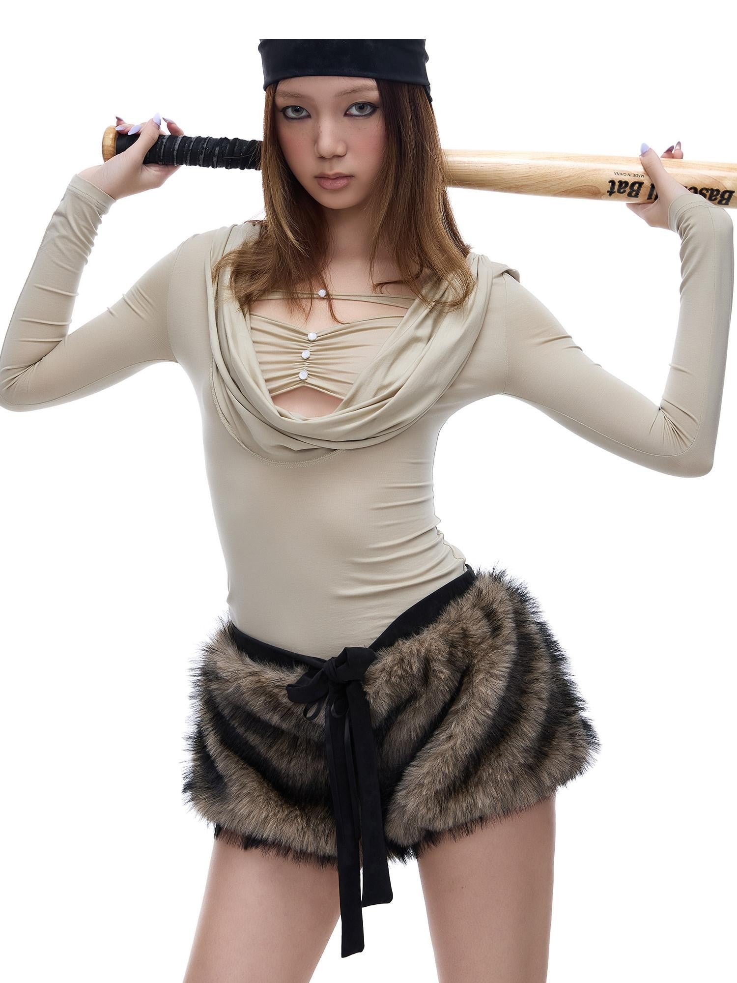 START THE ENGINE Hot Girl Low Rise Drawstring Raw Edge Women's Eco Faux Fur Hot Pants