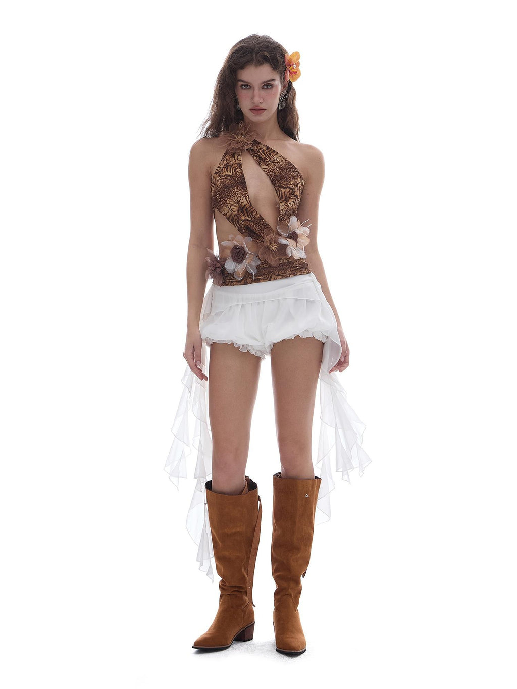 START THE ENGINE Irregular Ruffle Ribbon Bubble Chiffon Women's Polyester Hot Pants