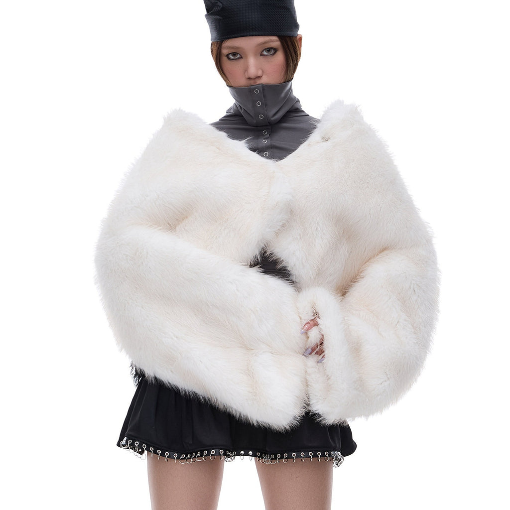 START_THE_ENGINE_Ivory_Stand_Collar_Short_Bonded_Faux_Leather_Fur_Women's_Eco_Faux_Fur_Coats_992684175978_MISSTT